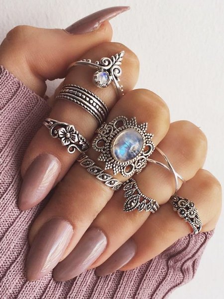 

8Pcs Casual Silver Metal Moonstone Opal Ring Set Holiday Daily Women Jewelry, As picture, Rings