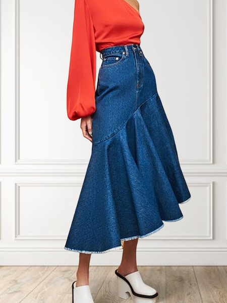 

Regular Fit Casual Plain Denim Denim Skirt, Blue, Skirts