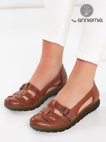 

Vintage Buckle Decor Brown Breathable Hollow out Comfy Flat Shoes, Flats