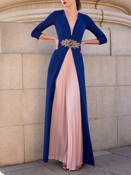 

Elegant Color Block V Neck Wedding Guest Dress, Blue, Maxi Dresses
