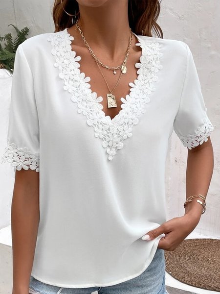Lace V Neck Elegant Shirt, White, Shirts & Blouses
