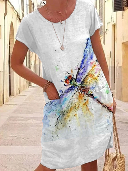 

Women Casual Summer Dragonfly Pockets Short Sleeve Crew Neck Mini Vacation Dress, White, Mini Dresses