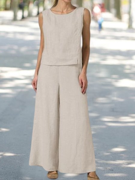 

Loose Linen Plain Cotton And Linen Two-Piece Set, Light khaki, Tops