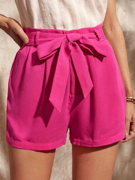 

Cotton Casual High Waist Belted Wide Leg Shorts, Pink, Shorts