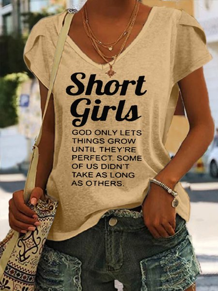 

Women's Funny Short Girl Crew Neck Casual T-Shirt, Khaki, T-shirts
