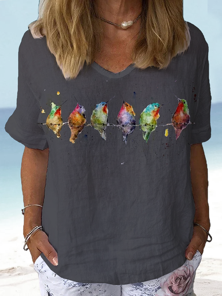 

Women Casual Bird Linen Crew Neck Loose Short sleeve Summer T-shirt, Gray, Tees & T-shirts