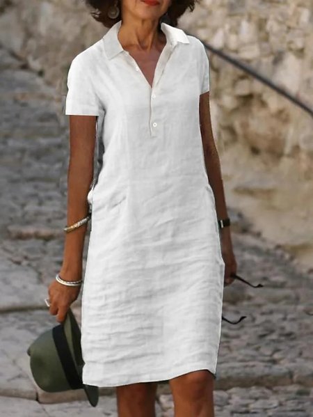 

Linen Plain Shawl Collar Loose Summer Dress, White, Mini Dresses