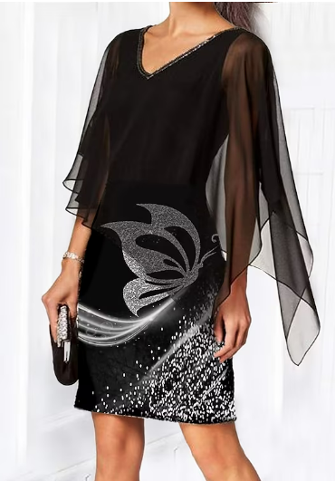 

Elegant Chiffon Stamped Silver Summer Dress, Black, Dresses