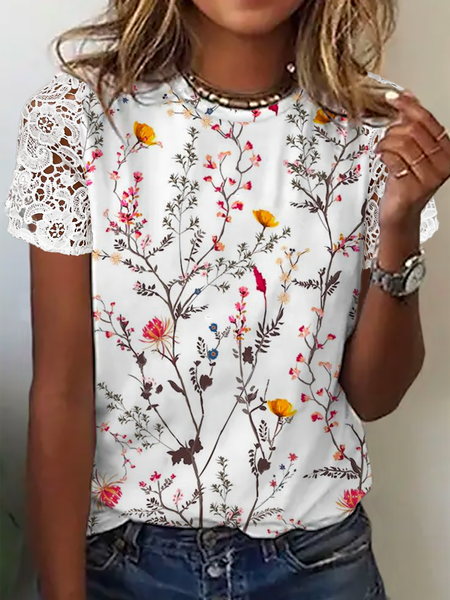 

Lace Crew Neck Floral Casual Top, White, Blouses
