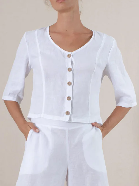 

Linen Crew Neck Buckle Blouse, White, Shirts & Blouses