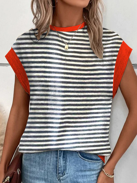 

Loose Striped Simple Crew Neck T-Shirt, Black-white, T-Shirts