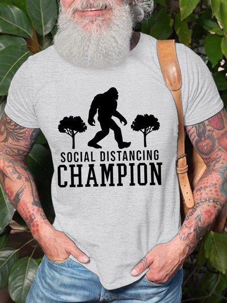 

Men's Social Distancing Champion Funny Bigfoot Graphic Printing Text Letters Cotton Casual T-Shirt, Light gray, T-shirts