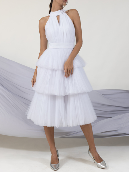 

Elegant Plain Halter Party Dress, White, Midi Dresses