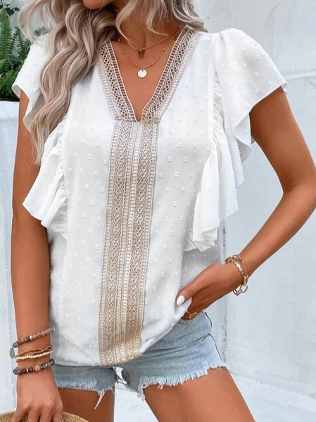 

V Neck Chiffon Flouncing Plain Loose Casual Summer Shirt, White, Tunics