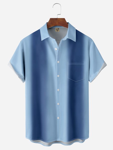 

Gradient Striped Chest Pocket Short Sleeve Bowling Shirt, Blue, Men Shirts