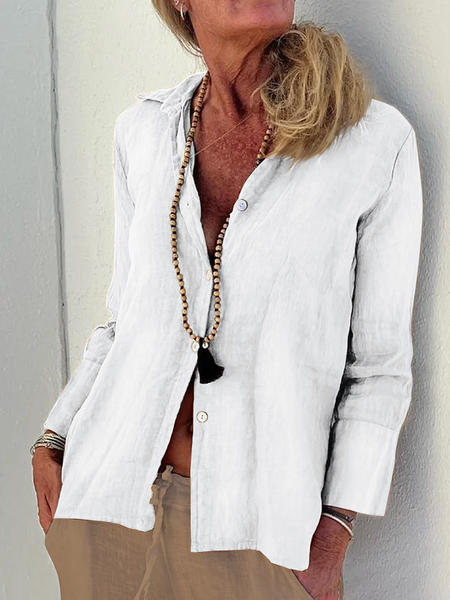 

Women Casual Plain Shirt Collar Button Down Linen Breathable Long Sleeve Blouse, White, Blouses & Shirts