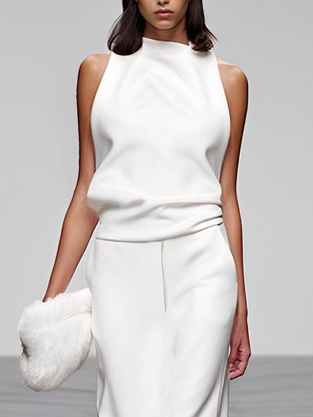 

Plain Elegant Daily Sleeveless Loose Shirt, White, Blouses and Shirts