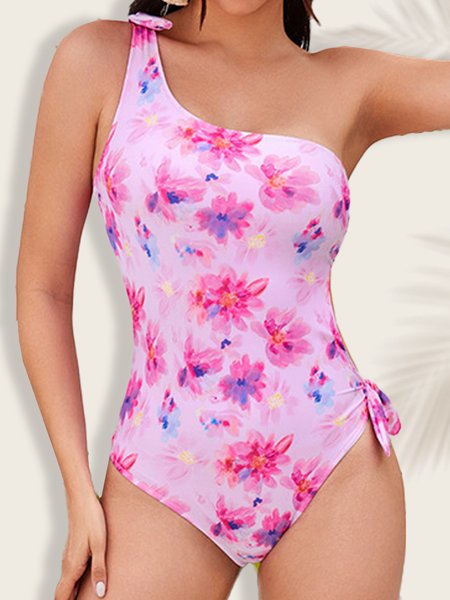 

Vacation Floral Printing One Shoulder One-Piece Swimsuit, Pink, One-Pieces
