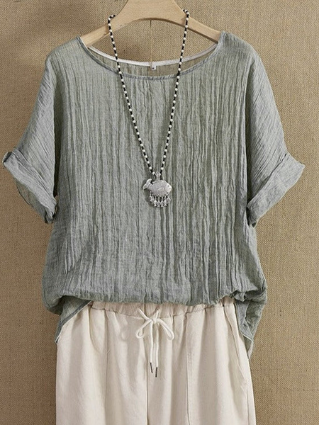 

Plain Linen Crew Neck Loose Shirt, Gray, Shirts & Blouses