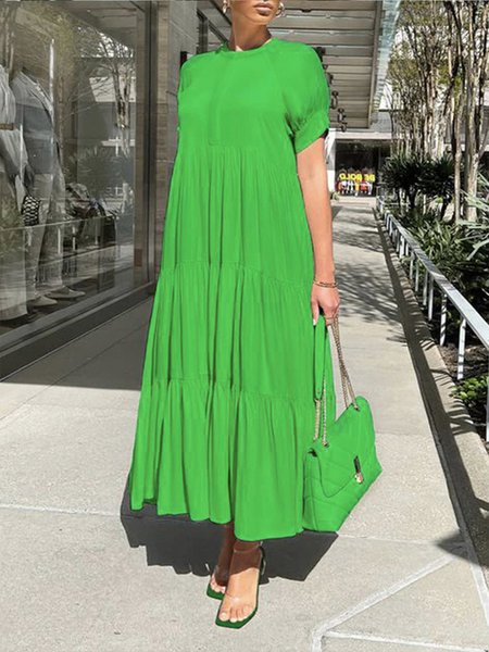 

Crew Neck Regular Fit Elegant Plain Dress, Green, Maxi Dresses