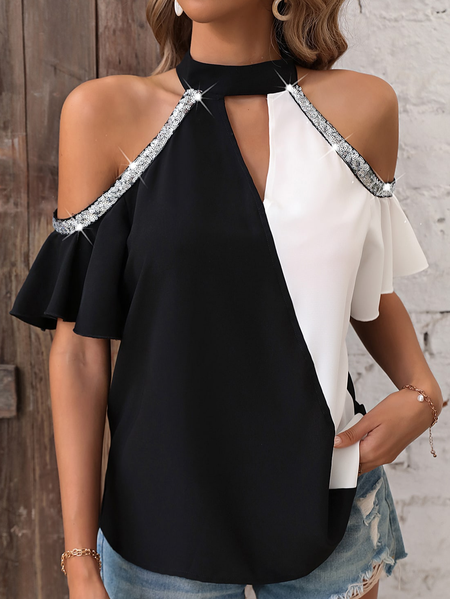 

Flare Sleeve Glitter Casual Crew Neck Shirt, Black-white, Shirts & Blouses