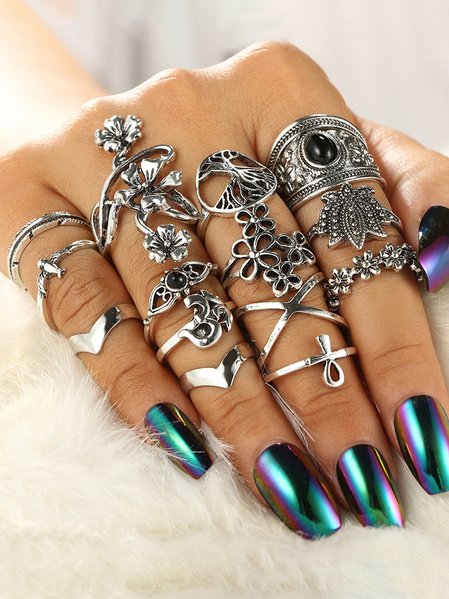 

14Pcs Vintage Floral Ethnic Pattern Metal Ring Set Casual Vacation Jewelry, As picture, Rings