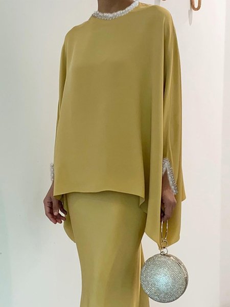 

Loose Crew Neck Plain Elegant Shirt, Yellow, Blouses and Shirts