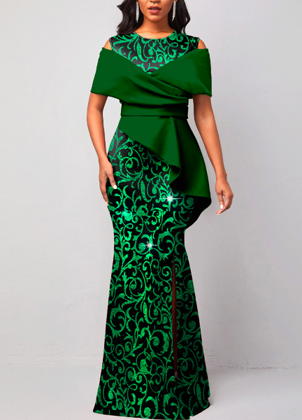 

Hot Stamping Floral Print Green Maxi Dress, Midi Dresses