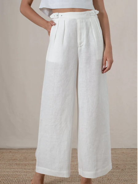 

Loose Plain Linen Linen Pants, White, Pants