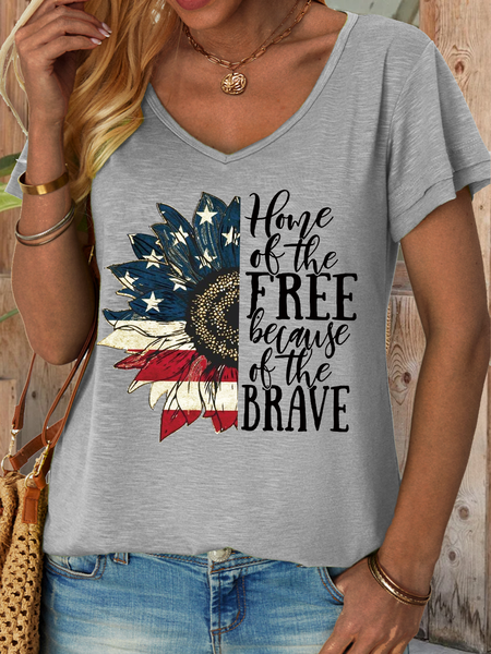 

Women's Sunflower American Flag Home Of The Free Because Of The Brave Loose V Neck T-Shirt, Gray, T-shirts