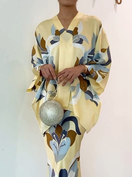 

Elegant V Neck Floral Print Loose Shirt, Yellow, Blouses and Shirts
