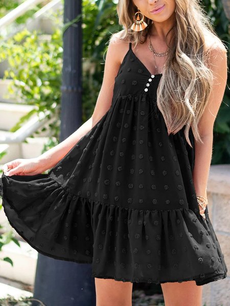 

Vacation Linen Spaghetti Black Polka Dot Texture Slip Mini Dress, Dresses
