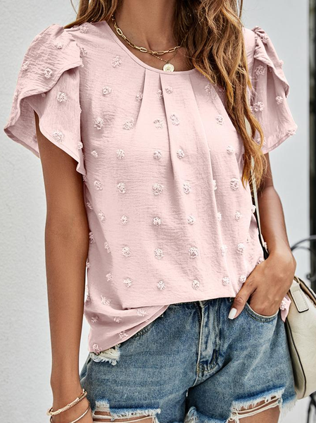 

Swiss Dot Puff Sleeve Crew Neck Summer Shirt, Pink, Shirts & Blouses