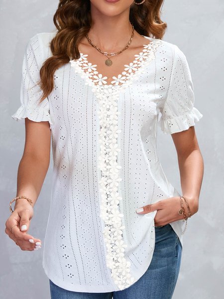 

Women's Lace Lace stitching short sleeve T-shirt top, White, Tunics