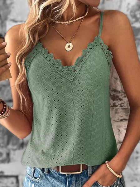 

V Neck Casual Plain Lace Tank Top, Green, Tanks & Camis