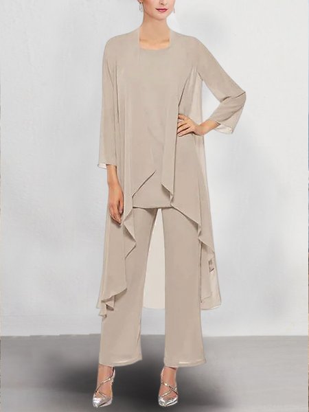 

Chiffon Plain Crew Neck Elegant Two-Piece Set, Champagne, Tops