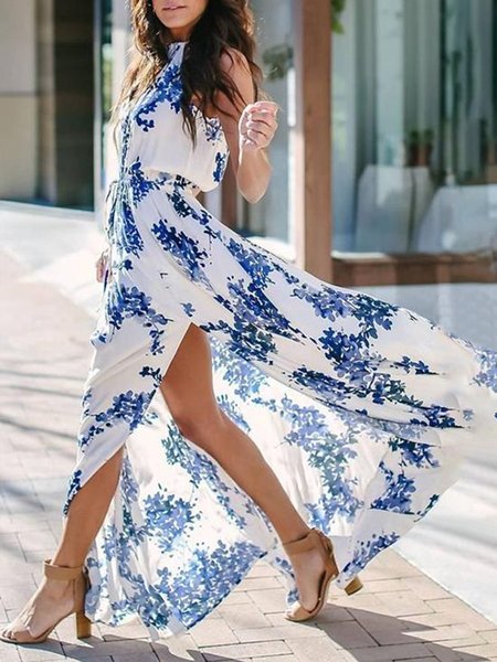 

Long Vacation Floral Halter Regular Fit Dress, Blue, Maxi Dresses