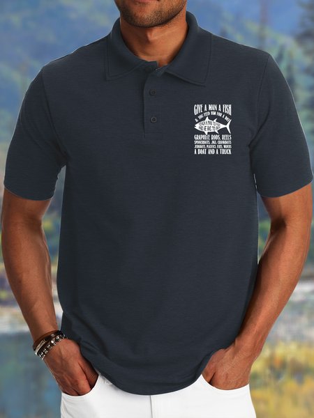 Men’s Give A Man A Fish You Feed Him For A Day Polyester Cotton Casual Text Letters Polo Shirt, Deep blue, T-shirts