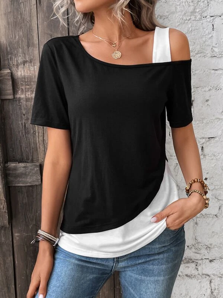 

Contrast Stitching Off-the-shoulder Summer T-shirt, Black, T-Shirts