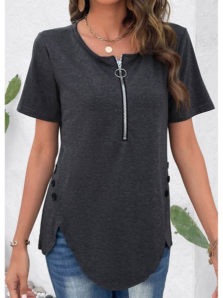 

Women's summer zipper short sleeve T-shirt top, Black, T-Shirts