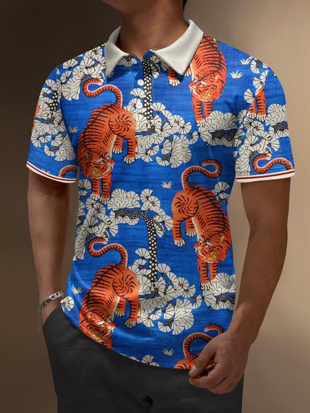 

Japanese Tiger Button Down Short Sleeve Polo Shirt, Blue, Polo Shirts