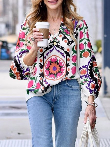 

Floral Print Loose Vacation V Neck Shirt, White, Blouses and Shirts