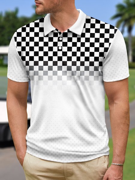 

Checkerboard Polka Dot Button Down Short Sleeve Golf Polo Shirt, Creme light, Polo Shirts