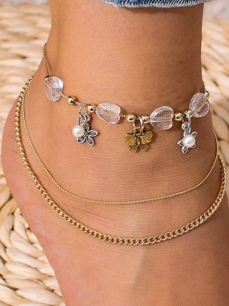 

Boho Crystal Butterfly Layered Anklet Beach Vacation Jewelry, As picture, Necklaces