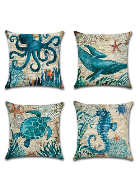 

18x18 Set of 4 Cushion Pillow Covers, Marine Life Gift Backrest Decorations For Home, As picture, Pillow Covers