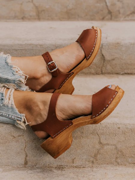 

Vintage Leather Strappy Wooden Platform Sandals, Brown, Sandals