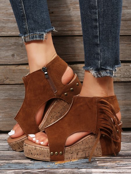 

Vintage Fringe Decor Side Zip Wedge Sandals, Brown, Sandals