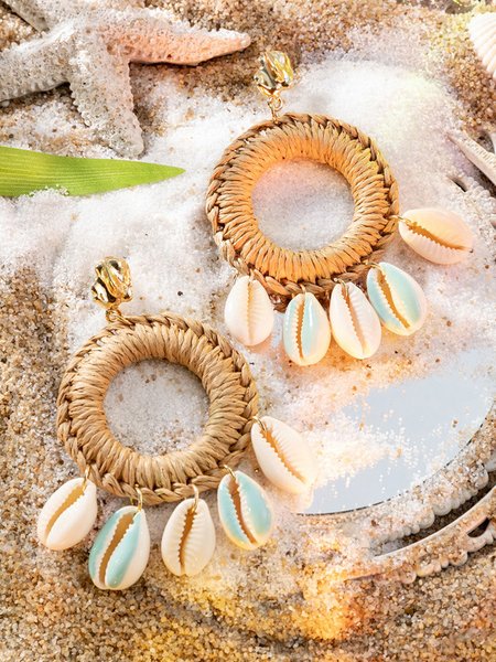

Boho Braided Raffia Shell Earrings Resort Jewelry, Blue, Earrings