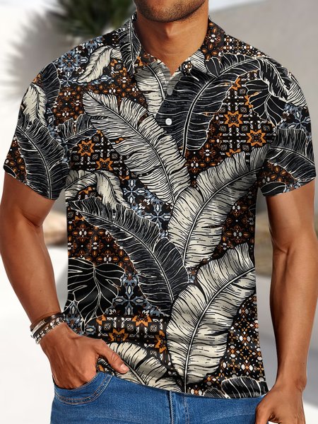 

Men's Hawaiian Resort Style Coconut Tree Print Polo Collar Regular Fit Casual Polo Shirt, As picture, T-shirts