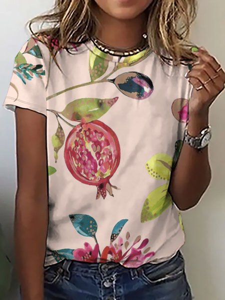 

Women‘s Plants Pomegranate Floral Crew Neck Casual T-Shirt, As picture, T-shirts